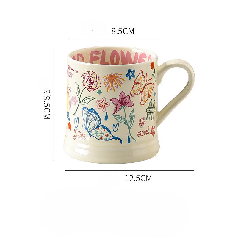 French Cup Illustration Style Mug High Looking Cute Cat Cartoon Pattern Water Cup Butterfly Ceramic Cup