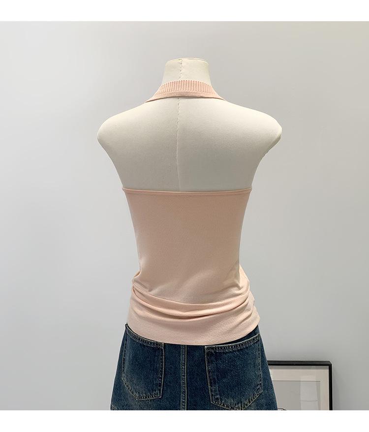 Design-Conscious Pink Pleated Halter Neck V-Neck Open-Back Slim Camisole for Women - New 2026 Summer Style