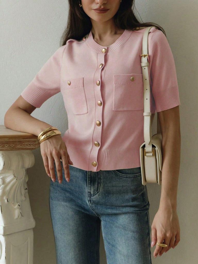 Women's Short Sleeve Cardigan with Gold Buttons and Pockets