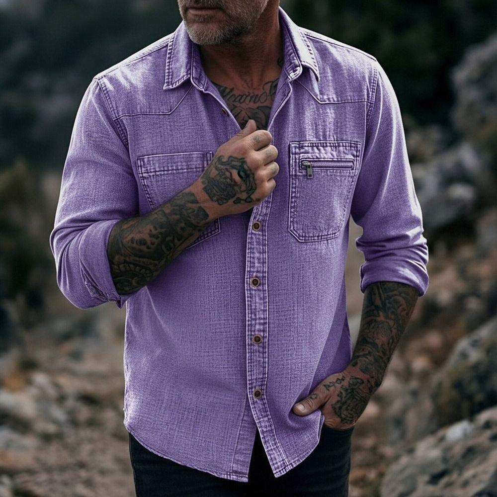 Camicia da uomo vintage in denim lavato a maniche lunghe con bottoni e tasca con zip, casual, da lavoro