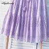Spring Summer Women Sweet Skirt High Waist Purple Green Drawstring Tassel Skirts Hollow Out Elegant Ladies' Chic Skirts