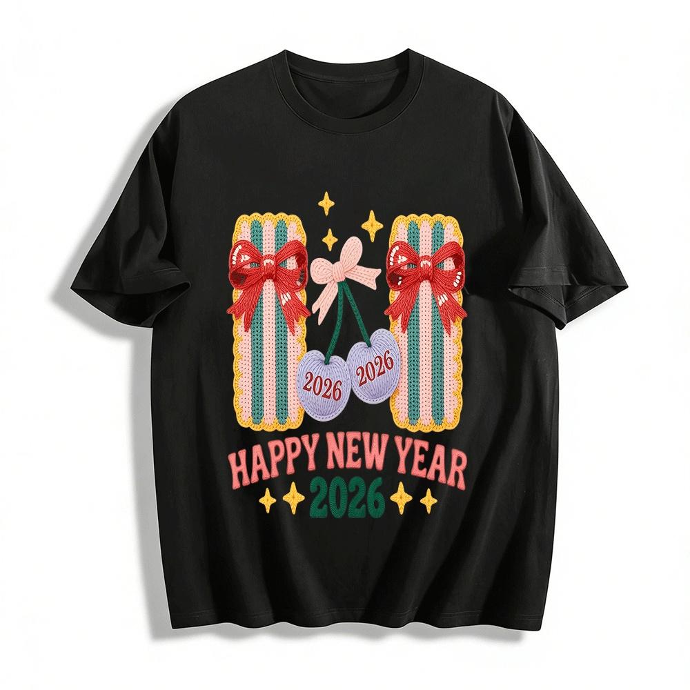 

New Year 2026 Knit Style Cherry Gift Box Print Casual Top Pure cotton T-shirt XXS
