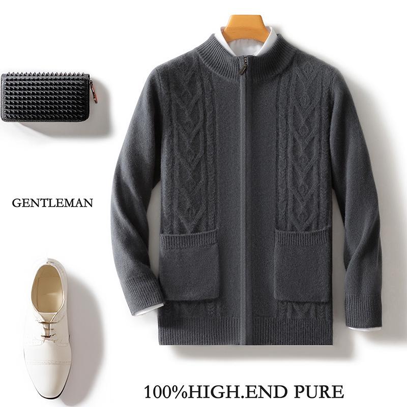 

Men s Autumn/Winter Business Casual 100% Wool Double Pocket Quilted Knit Zipper Cardigan with Diamond Pattern. XL