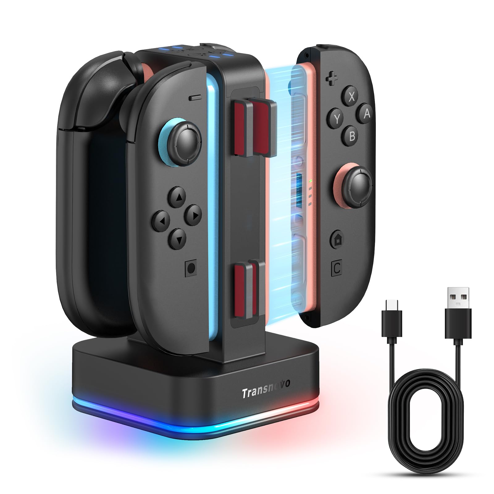 

Зарядная подставка TRANSNOVO Switch 2 для Nintendo Switch 2 4 в 1 Быстрая одновременная зарядка Док-станция для контроллеров Вмещает 8 игровых карт Светодиодная подсветка 9 RGB чёрный