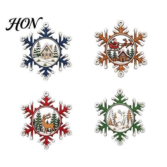 Lightweight Wooden Xmas Tree Hanging Set 4 Pcs Christmas Snowflake Ornaments, Rustic Decoration with Decorative Shapes for Gift Tags Elk Village House
