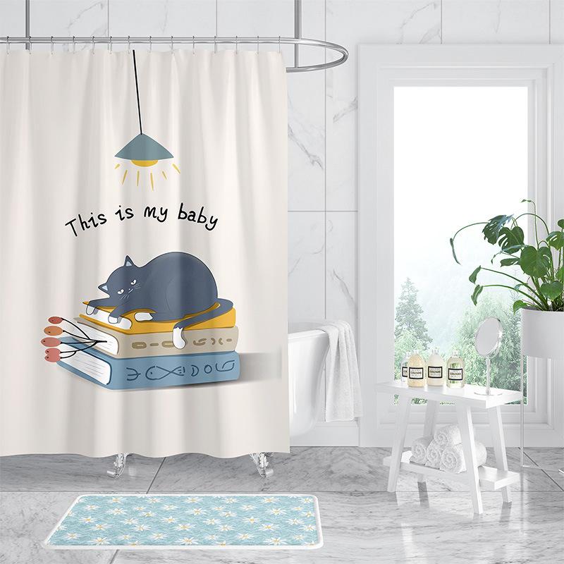Chat Nordique Fleurs lavable Résistant à la saleté Rideau de douche Pommeau de douche étanche Polyester Rideau de bain Pour décoration intérieure
