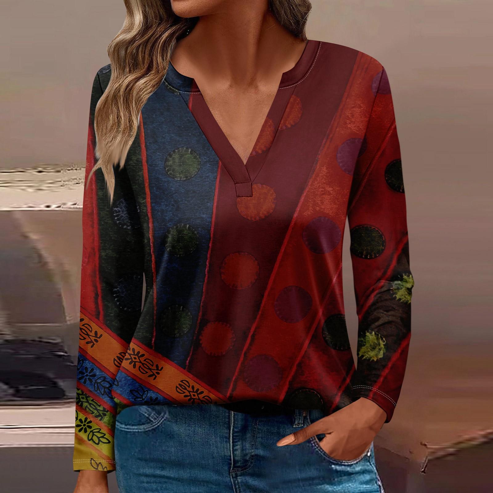 

Женская футболка Футболка с принтом и длинным рукавом Повседневные выходные Мода Базовый топ с V-образным вырезом Обычный топ XL