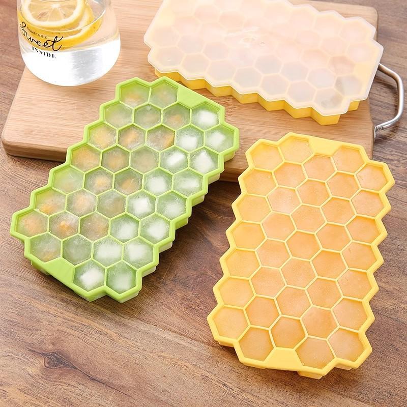 Vassoio per cubetti di ghiaccio in silicone con coperchio, stampo esagonale, 37 cavità, flessibile, antiaderente, per congelatore e cucina