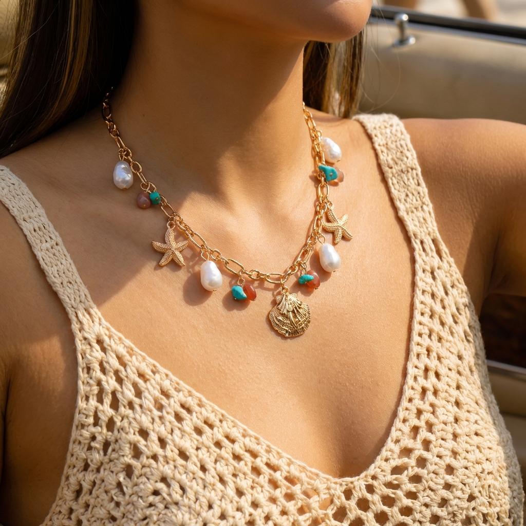 Collana con Ciondolo Multi-elemento Oceano per Donna Bohemia Conchiglia Stella Marina Perla Sintetica Collana Gioielli Estivi alla Moda Regali