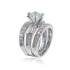 New creative rectangular cubic zirconia three-piece ring set, European and American style, round cubic zirconia jewelry for engagement