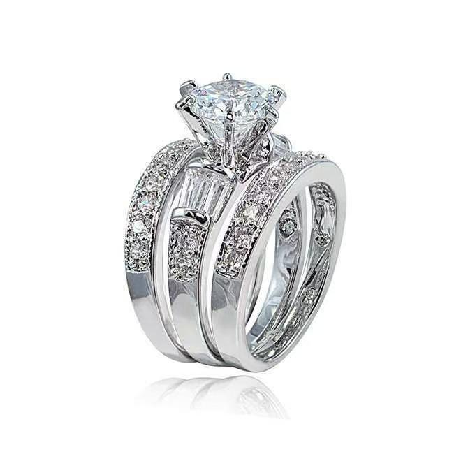 New creative rectangular cubic zirconia three-piece ring set, European and American style, round cubic zirconia jewelry for engagement