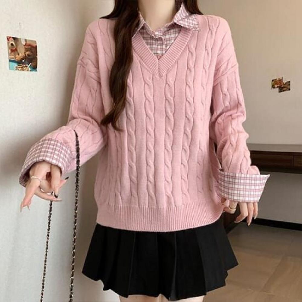 Navava Women Lovely Two In One Check Collar Cable KniT Long Sleeve T shirT Nk353