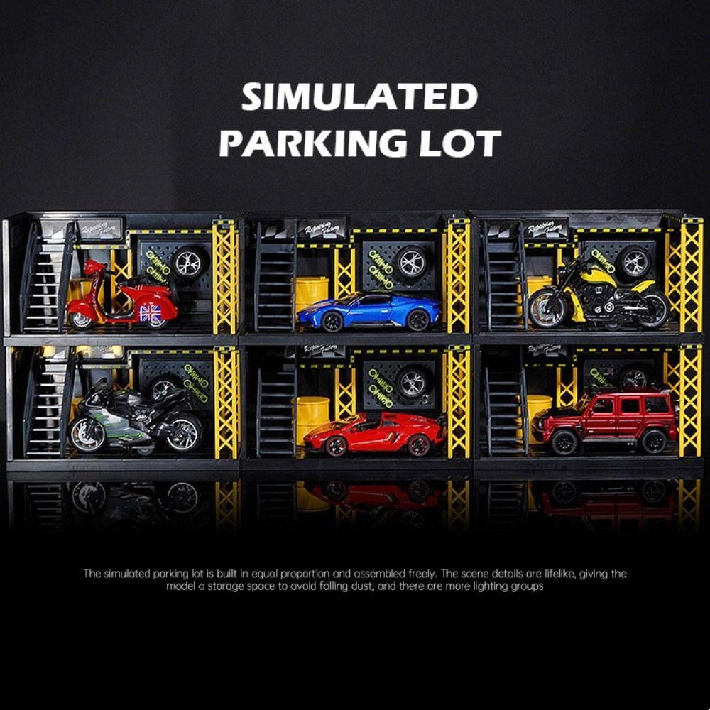 DlY Scene Car Garage Model Diecast Zinc Zinc Alloy Car Model Display Lighting Parking Lot  Assembly Toy