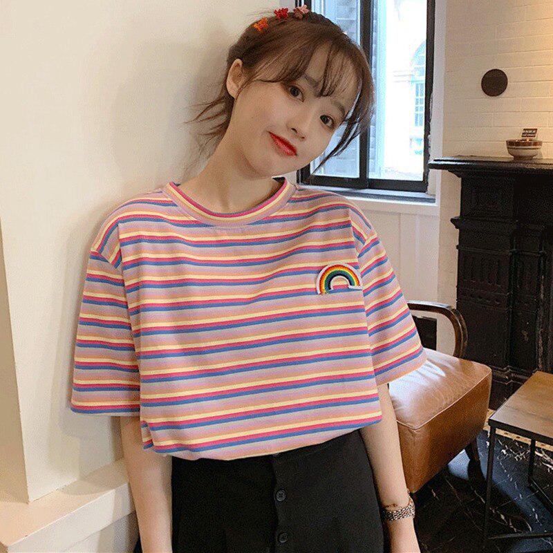 Women's  Summer Casual T Shirt Short Sleeve O-Neck Rainbow Striped Loose Tee