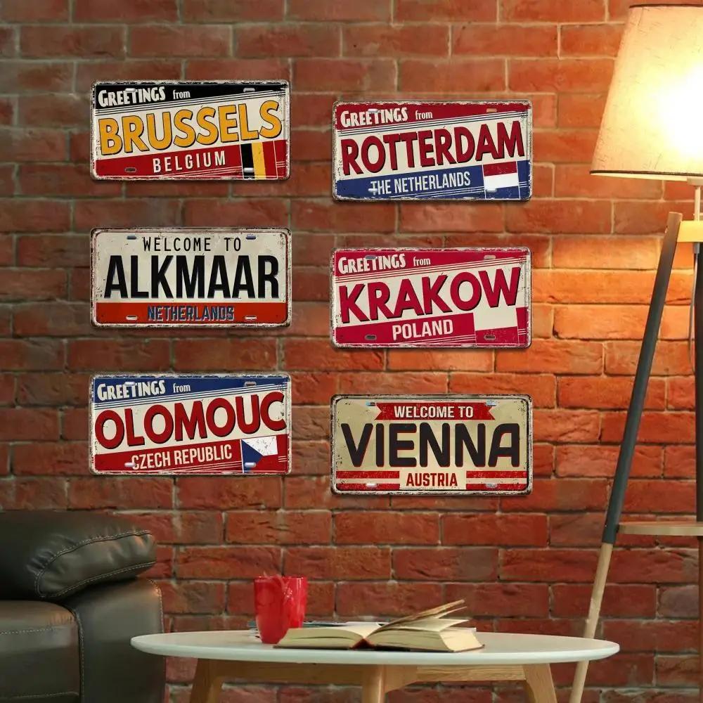 Paesi Bassi BELGIO AUSTRIA CECHIA POLONIA Targa Landmark Città Segno in Metallo Decorativo Targa per Veicoli Man Cave Bar Decorazione da Parete