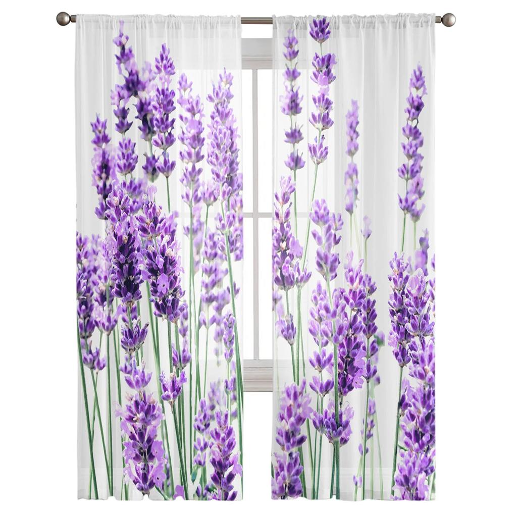 Lavender Plant Flowers Sheer Curtains for Bedroom Living Room Voile Window Drapes Light Filtering Tulle