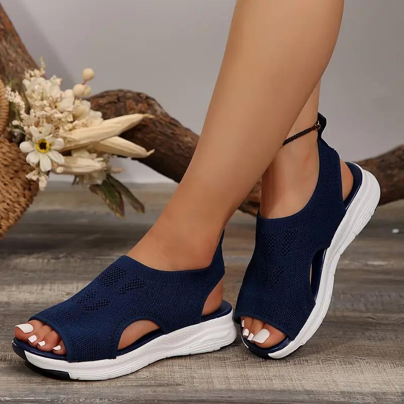 Women's Knit Upper Sandals, Breathable Peep Toe Elastic Slip On Shoes, Comfy Outdoor Sporty Sandals