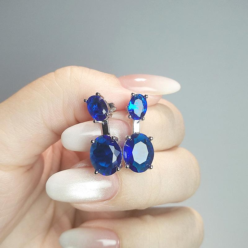 Rear Hanging Double Blue Stone Oval Diamond Suspension Earrings, Simple Colored Treasure Gift, Two Earrings.