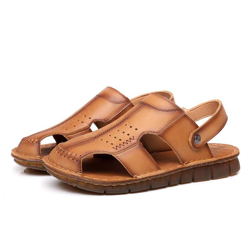Summer new men's first-layer cowhide bag head sandals outdoor casual leather beach shoes men's breathable platform slippers
