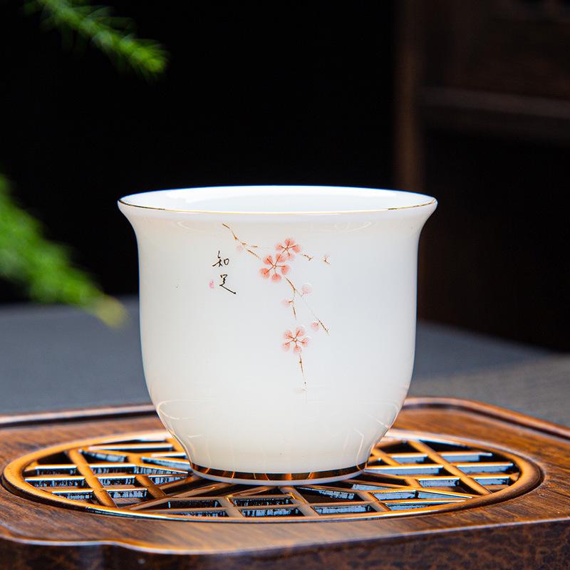 Sheep Fat Jade Ceramic Rose Tea Tasting Teacup, Personal Use Gongfu Set