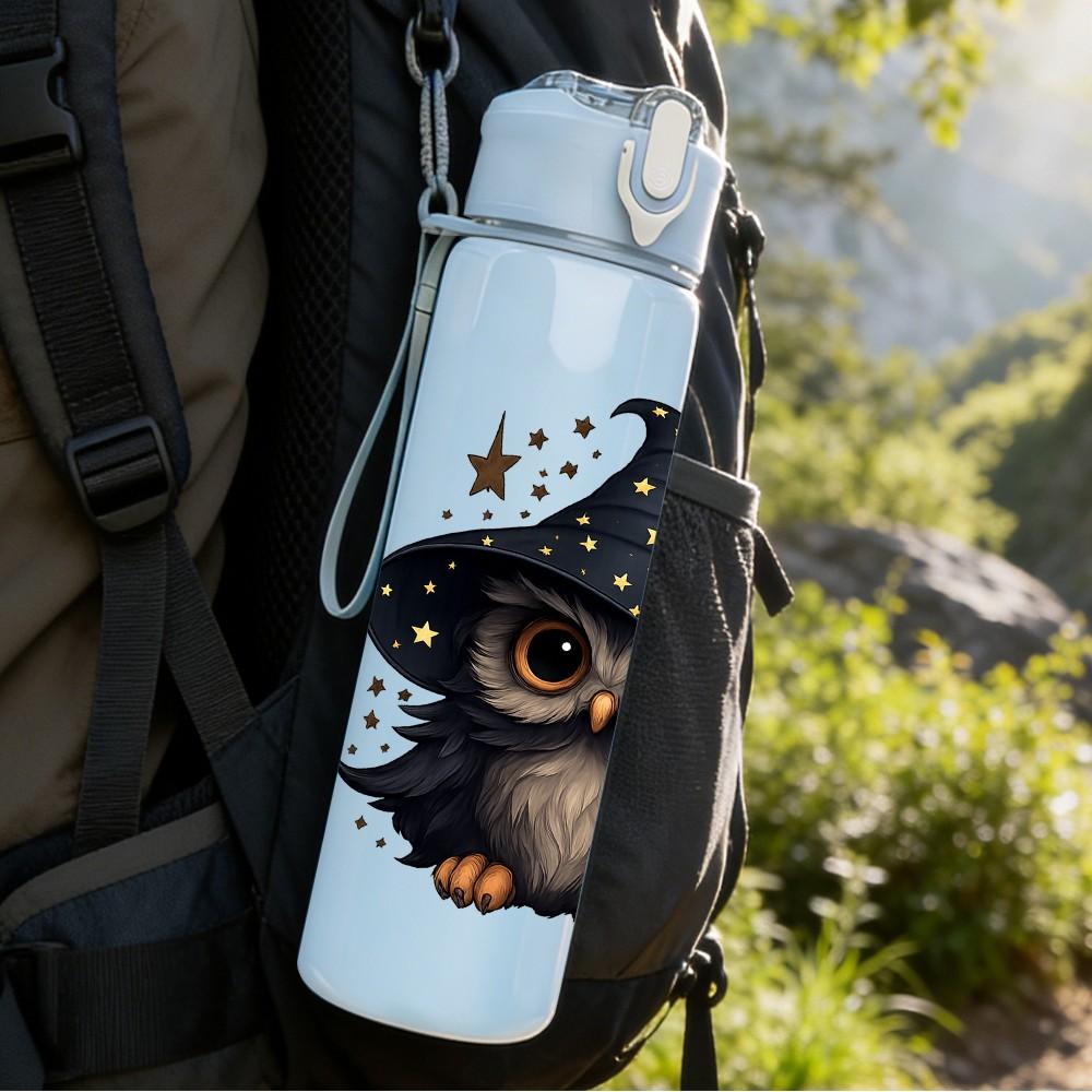 1PC Wizard Owl Night Print 750ml Color Plastic Sports Water Bottle Leakproof Flip Straw Lid Suitable for Sports Office Home Use