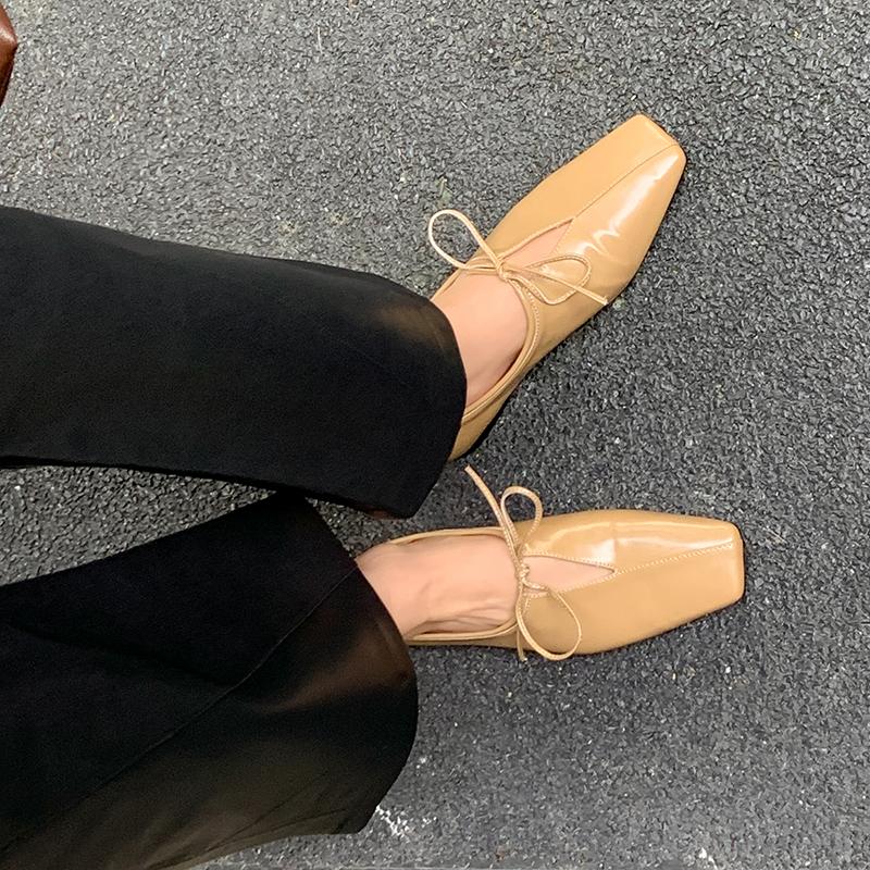 Fashion 2025 New Women Casual Flats Shoes Real Leather Cute Bow Lace Up Low Heels Shoes Vintage Square Toe Daily Office Dress Size 34-40