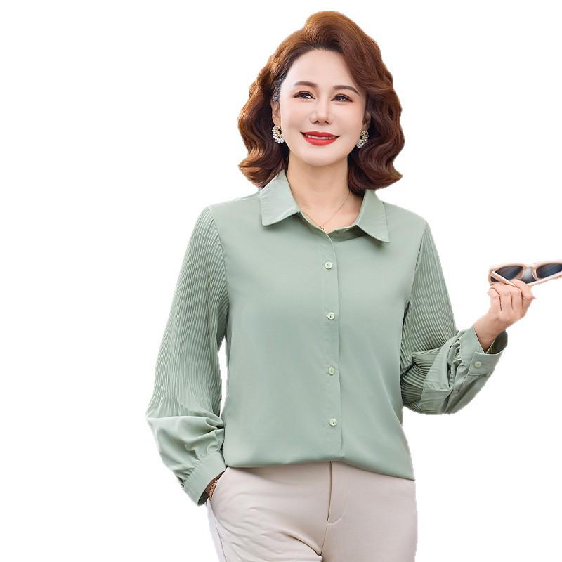 Chic Loose Long-Sleeved Lapel Top for Middle-Aged Women, Plus Size, Lightweight Spring/Summer Shirt