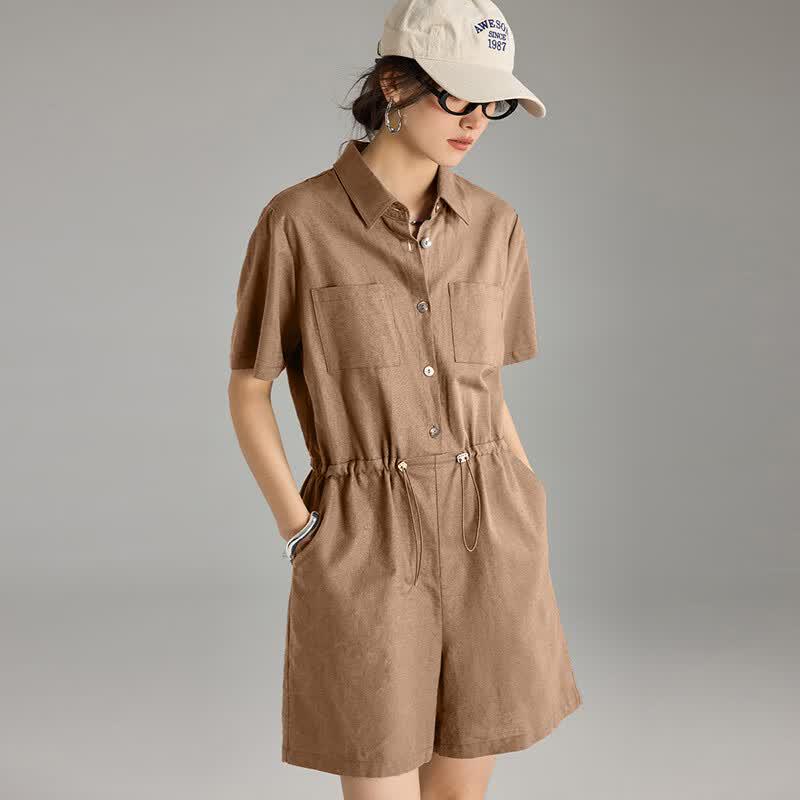 Wudao Women s Linen Blend Polo Romper Shorts L хаки