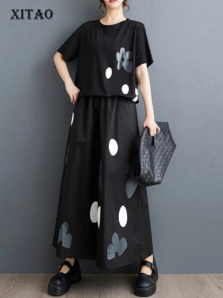 

XITAO повседневный комплект брюк с принтом и круглым вырезом, пуловер с короткими рукавами, женские широкие брюки LYD1781