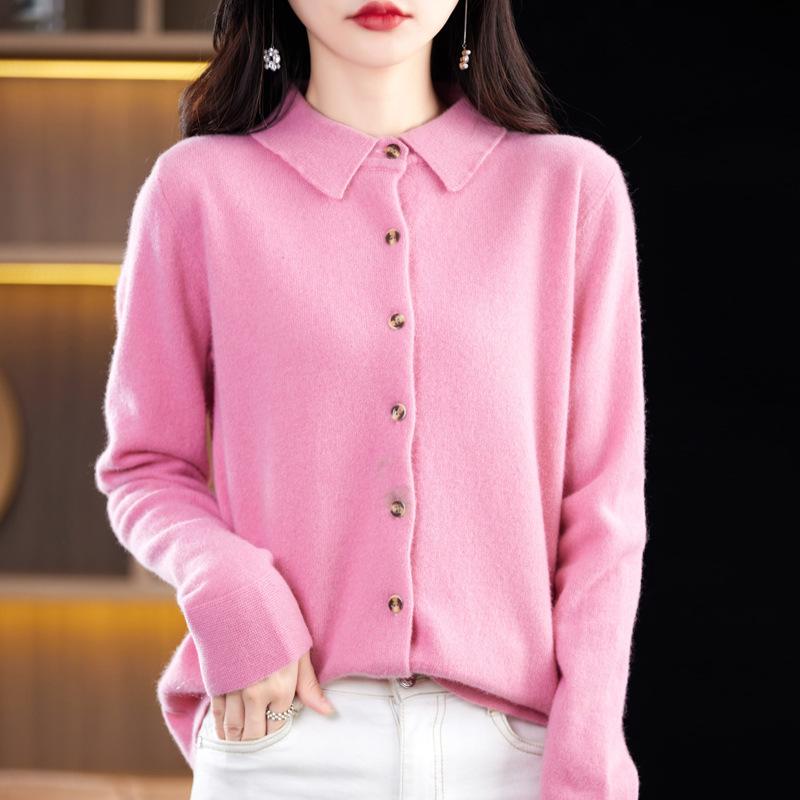 New Andy Fleece Knitted Cardigan Women's PO Shirt Collar Solid Color Sweater Jacket Top