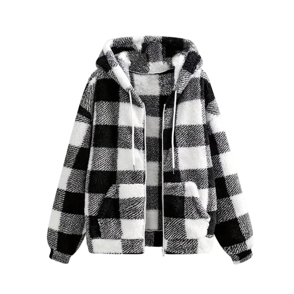 Women's Fashionable Plaid Long Sleeved Hooded Pocket Plush Casual Jacket Jacket