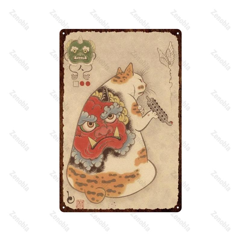 Japanese Samurai Cat Metal Sign Tattoo Cat Vintage Plaque Ukiyoe Plates Wall Art Tin Posters Shabby Man Cave Bar Home Decoration