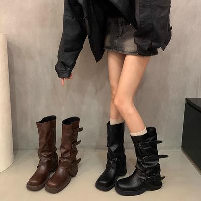 Fashion Vintage Women Western Knee High Boots Fashion Belt Buckle Shoes Autumn Winter Laides Concise Mid Calf Botas De Mujer