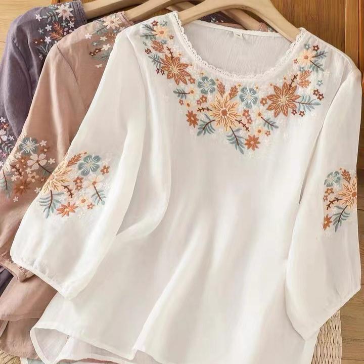 Damskie Letnie Bawełniano-Lniane Bluzki z Kwiatowym Haftem Retro Luźny T-shirt z Okrągłym Dekoltem dla Kobiet