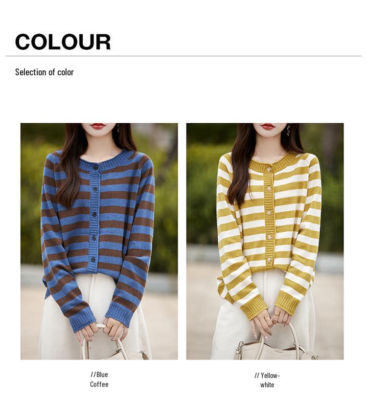 2024 Fall/Winter Pure Wool Color Block Striped Knit Cardigan - Women's Versatile Loose Fit