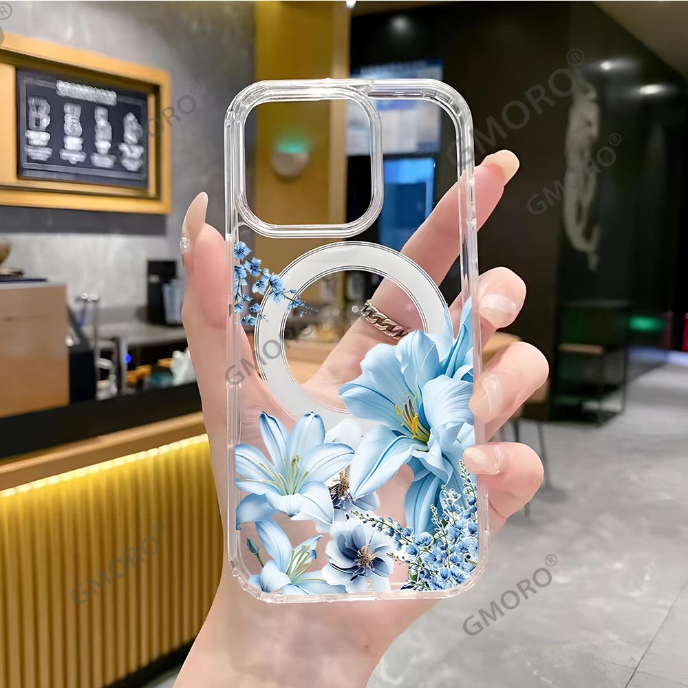 Fresh ins wind blue lily MagSafe magnetic suction Apple 15ProMax transparent anti-drop mobile phone case iPhone17