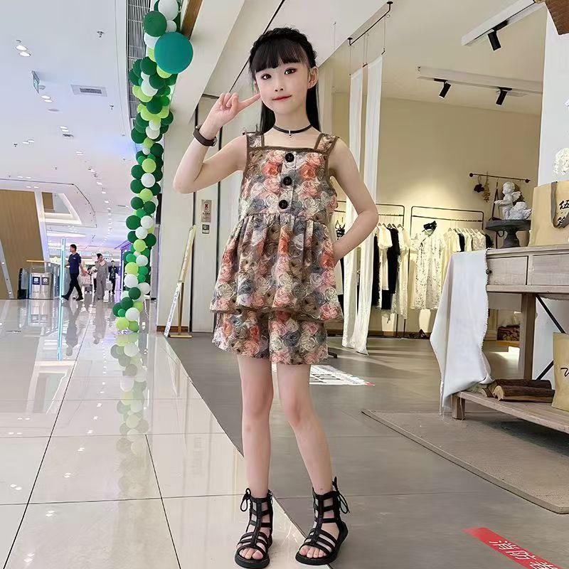 Girls' Summer Two-Piece Set New Fashionable Floral Dress For Children Short-Sleeved Shorts Outfit For Girls