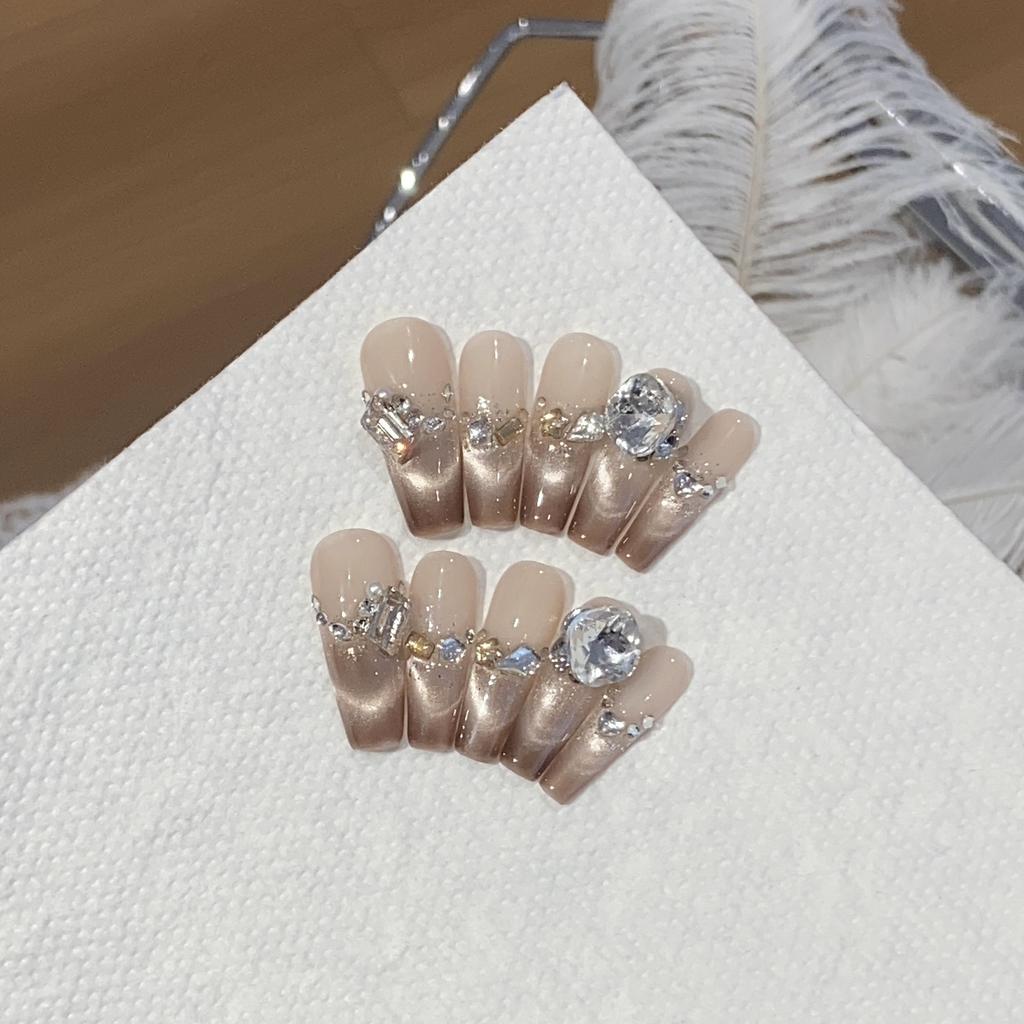 Handmade Gradient French Smiling Cat Eye Sequins Small Crushed Diamond Pile Drill Amber Caramel