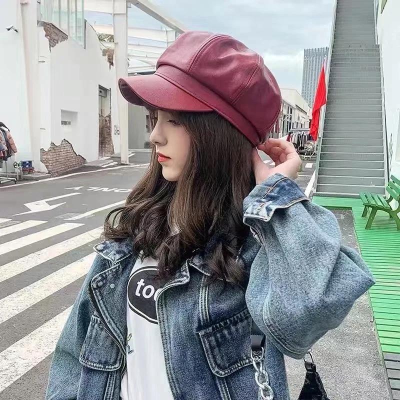 Korean Version Leather Beret, Kids Autumn Winter Octagonal Hat, Cute British Style Student Hat