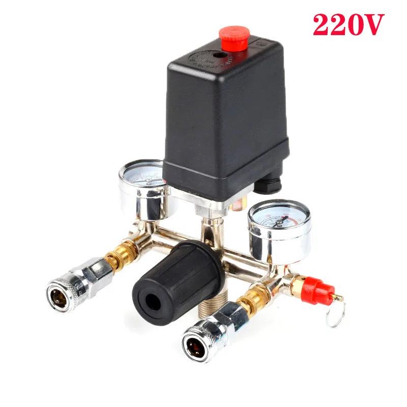 Air Compressor Pump Pressure Control Switch 4 Port 220V/380V Manifold Relief Regulator 30-120PSI Control Valve with Gauge