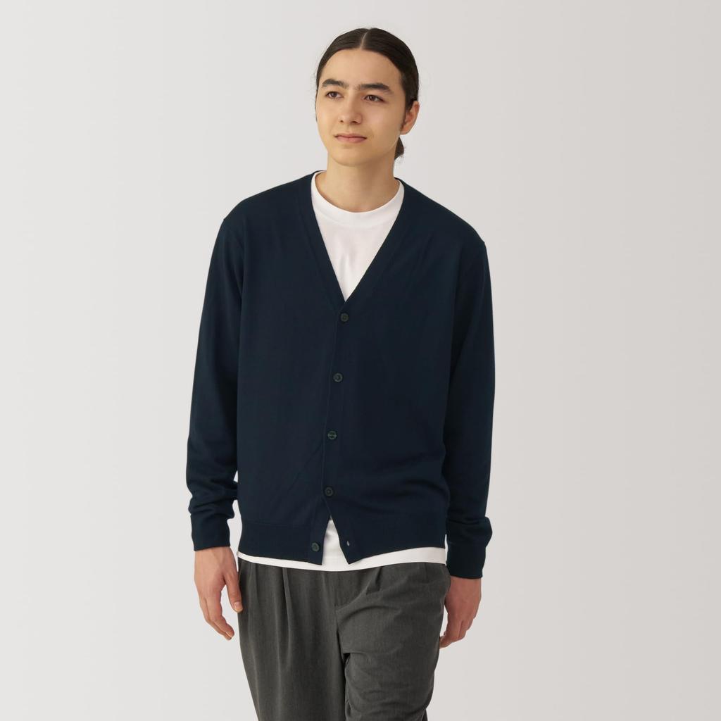 MUJI Men's Washable Wool High-Gauge V-Neck Cardigan, Dark Navy, Size AA0PFA4A, Men's XL