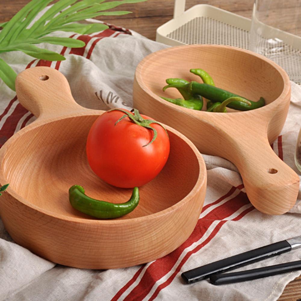 450/650ml Natural Beech Wood Handmade Salad Bowl with Handle Household Fruit Serving Tray Home Kitchen Cheese Butter Platter