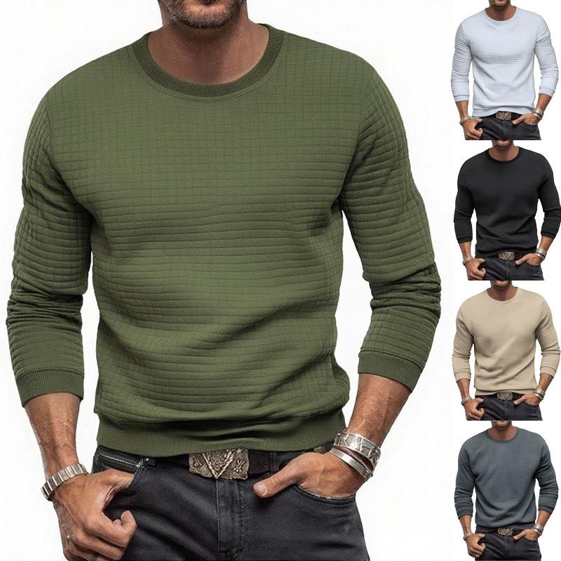 Men's Fall Winter Slim Fit Crew Neck Long Sleeve Sweatshirt, Solid Small Grid Pattern Casual Base Layer Pullover Tops