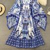 Retro Palace Wind Round Collar Bell Sleeve Loose Blue and White Porcelain Printed  Dress Elegant Temperament Large Skirt