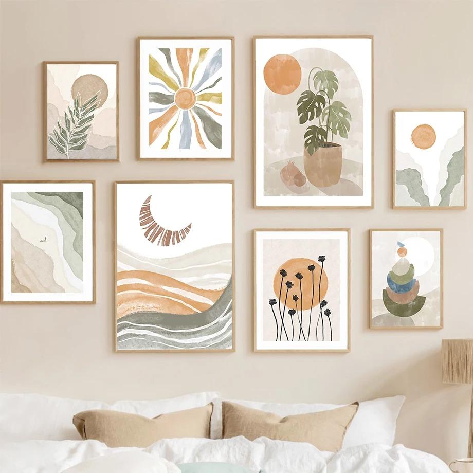 Bohemia Sun Rainbow Flowers Leaves Abstract Landscape Posters and Prints Wall Art Canvas Painting Pictures for Living Room Decor