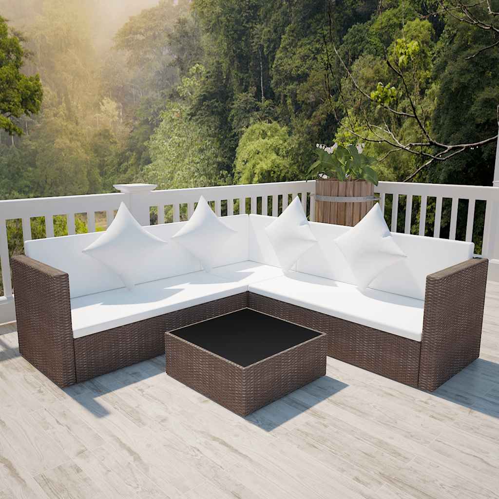 4 Piece Garden Lounge Set with Cushions Brown Poly Rattan
