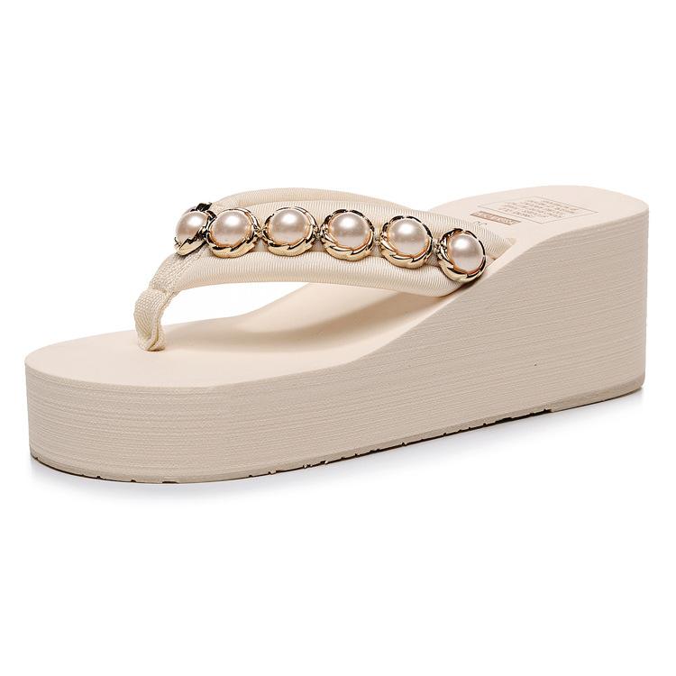 

Summer Pearl Flip-flops for Women Thick Bottom Non-slip Sandals Female Clip-on Slippers Lightweight Solid Colour Beach Shoes 35 бежевый