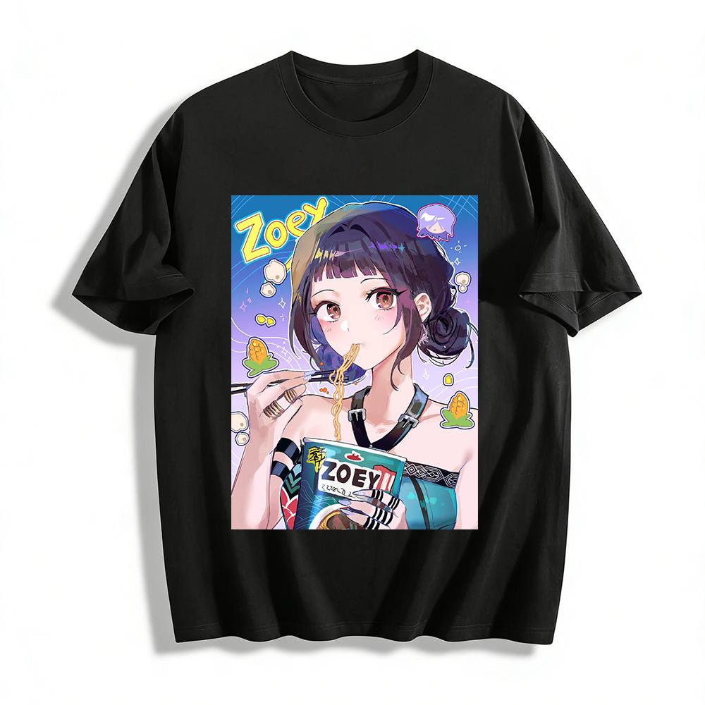 Anime Style Noodle Girl Print T-Shirt Loose Casual Unisex Crewneck Top Trendy Japanese Cartoon Tee Pure cotton T-shirt XXS