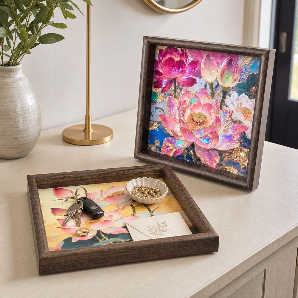 Wooden Lotus Tray Raised Frame Floral Serving Tray for Tabletop Storage Entryway Shelf Home Decor