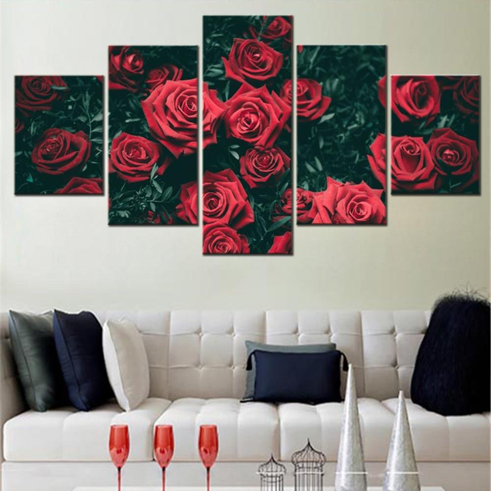 

5 Pieces Canvas Wall Arts Poster Painting Roses Bushes Red Buds Flower Wallpaper Home Decor Modular Picture Print Living Room 20x35 20x45 20x55cm